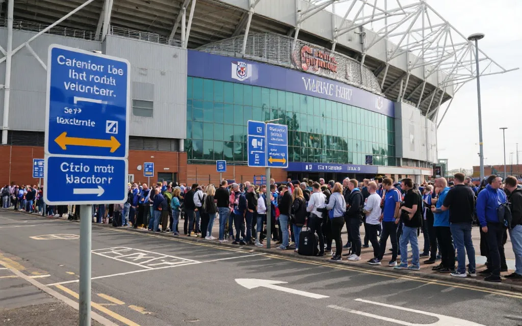 比赛日球场外官方指引与人流动线，球迷在指示牌下等候网约车