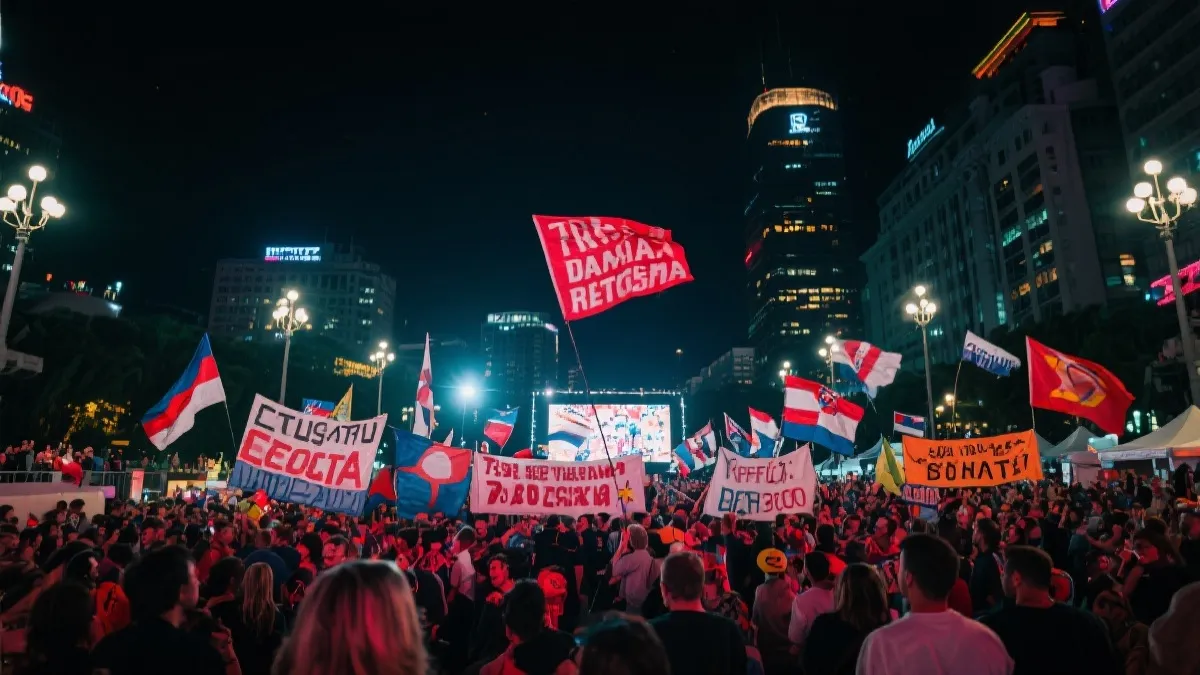 北美城市球迷广场观赛与多语言应援的场景，夜色灯光与旗帜人群